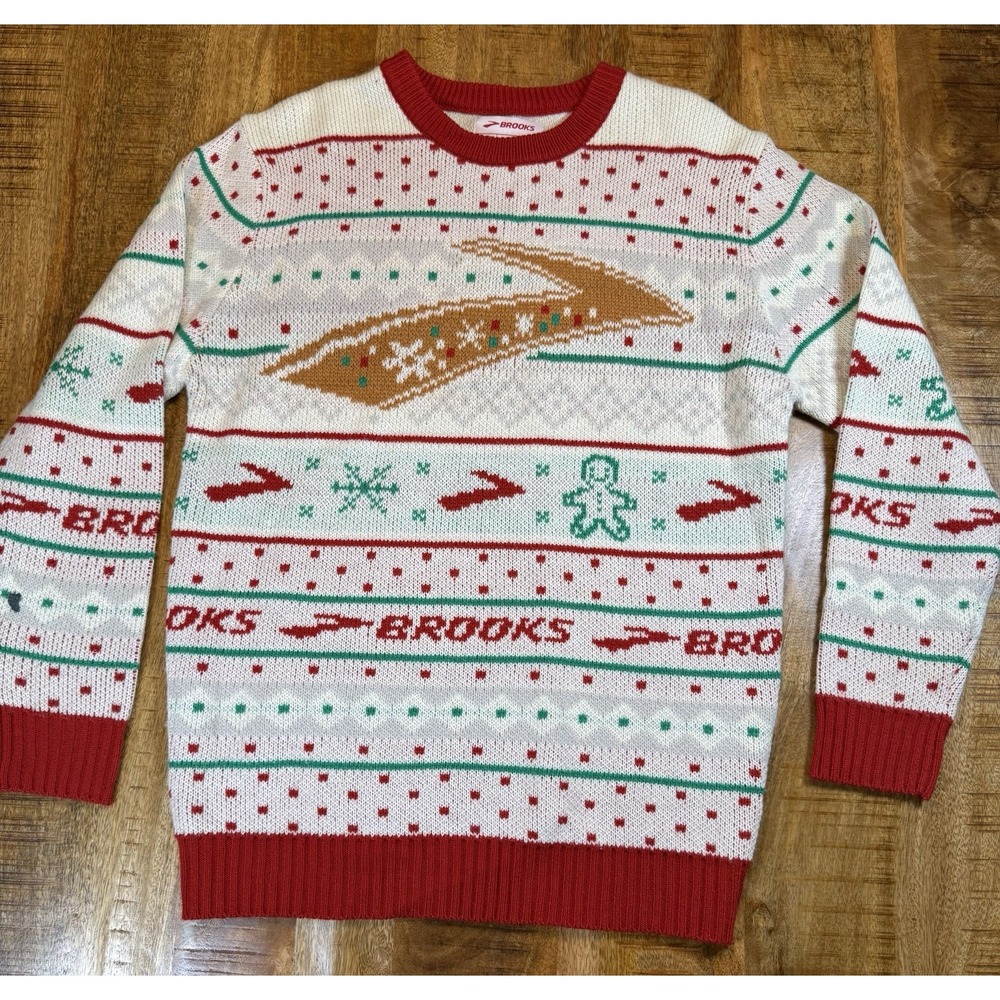 Brooks Running Ugly Christmas Sweater Mens M Gingerbread Holiday Fair Isle